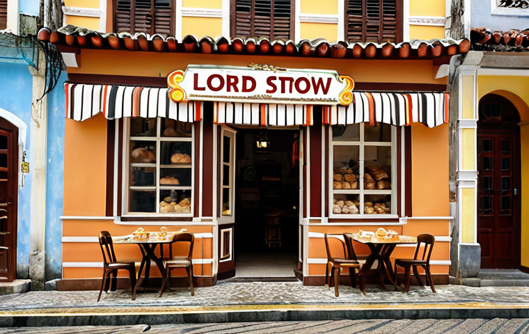 **Lord Stow's Bakery in Coloane Village, Macau:** Focus on the bakery's exterior, showing its location in the village. Capture the traditional architecture and atmosphere.