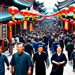 **

"A bustling marketplace in a vibrant city, filled with merchants and shoppers in traditional Chinese clothing, fully clothed, appropriate attire, safe for work, perfect anatomy, natural proportions, professional photography, high quality, family-friendly atmosphere, colorful banners and lanterns, diverse crowd, daytime setting."

**