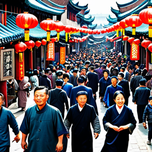 **

"A bustling marketplace in a vibrant city, filled with merchants and shoppers in traditional Chinese clothing, fully clothed, appropriate attire, safe for work, perfect anatomy, natural proportions, professional photography, high quality, family-friendly atmosphere, colorful banners and lanterns, diverse crowd, daytime setting."

**