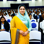 마카오와 홍콩 교통 연결 방법 - **Image Prompt:** A professional businesswoman in a modest sari, attending a business conference in ...
