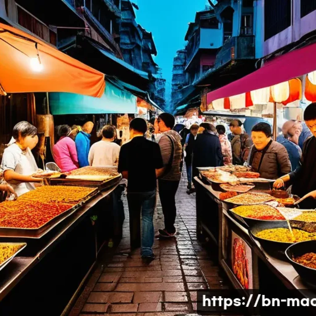마카오 로컬시장 먹거리 - A vibrant Macau street food market scene at dusk, featuring a diverse array of colorful food stalls ...