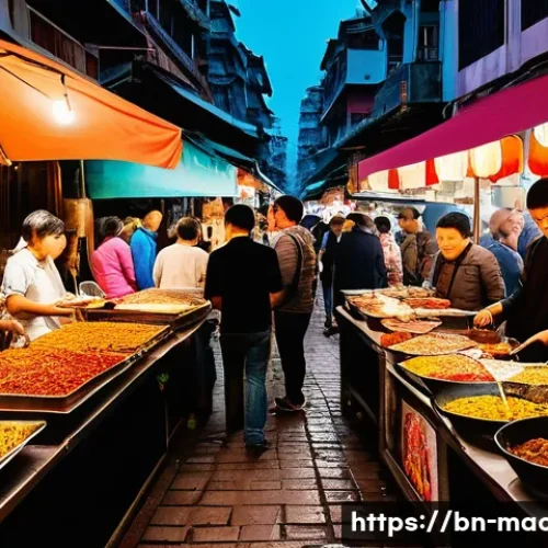 마카오 로컬시장 먹거리 - A vibrant Macau street food market scene at dusk, featuring a diverse array of colorful food stalls ...