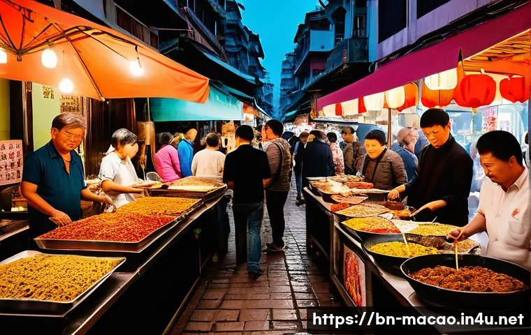 마카오 로컬시장 먹거리 - A vibrant Macau street food market scene at dusk, featuring a diverse array of colorful food stalls ...