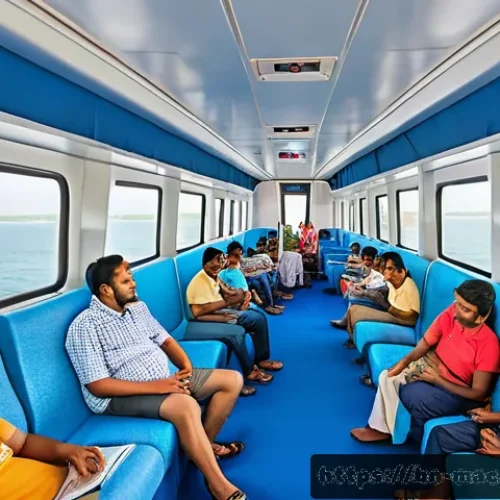 페리로 마카오 가는 방법 - A spacious and comfortable ferry interior scene designed for Bengali travelers, featuring wide cushi...