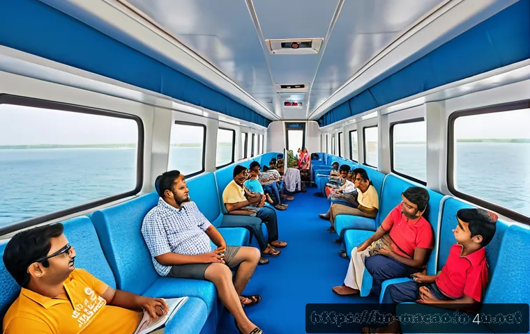 페리로 마카오 가는 방법 - A spacious and comfortable ferry interior scene designed for Bengali travelers, featuring wide cushi...