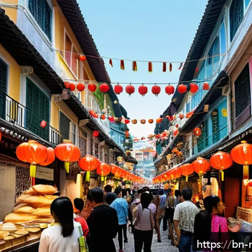 마카오의 다민족 공존 사례 - A vibrant street market scene in Macau showcasing multilingual communication: diverse people of Chin...