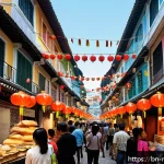 마카오의 다민족 공존 사례 - A vibrant street market scene in Macau showcasing multilingual communication: diverse people of Chin...