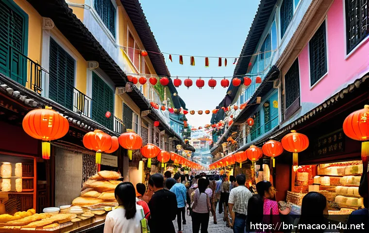 마카오의 다민족 공존 사례 - A vibrant street market scene in Macau showcasing multilingual communication: diverse people of Chin...