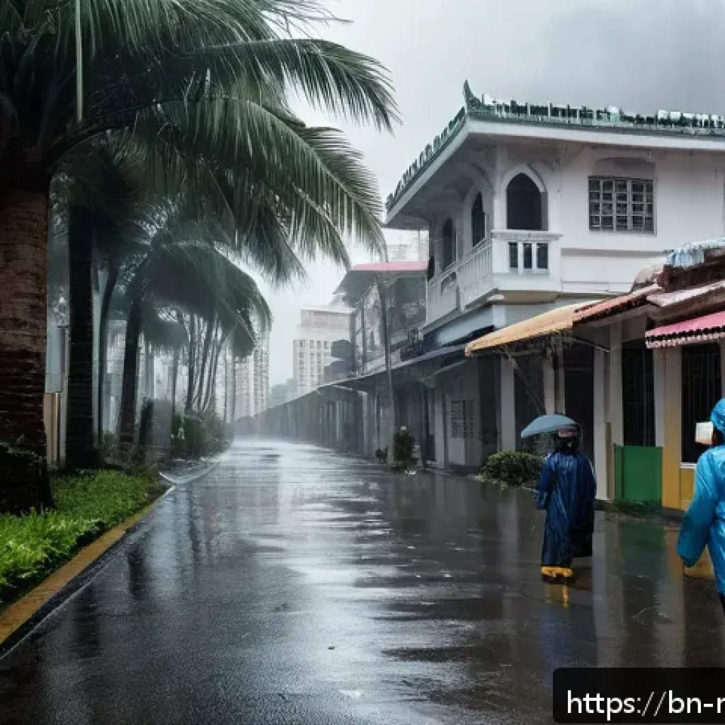 마카오의 자연재해와 예방책 - A detailed scene of a coastal Macau neighborhood during a sudden tropical storm, showing strong wind...