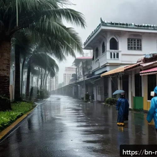 마카오의 자연재해와 예방책 - A detailed scene of a coastal Macau neighborhood during a sudden tropical storm, showing strong wind...