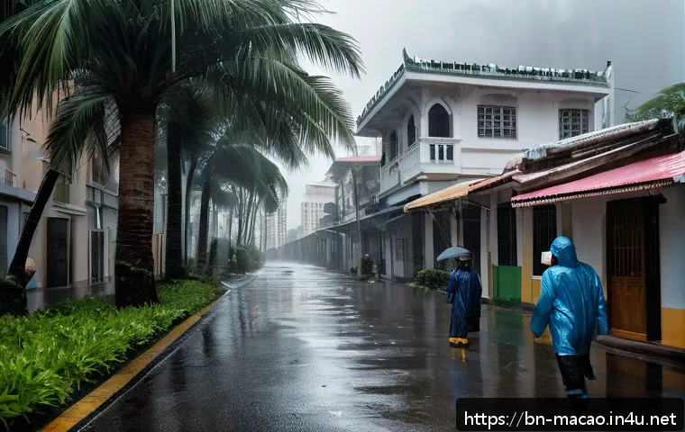마카오의 자연재해와 예방책 - A detailed scene of a coastal Macau neighborhood during a sudden tropical storm, showing strong wind...