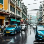 마카오 최신 사건 사고 - A busy urban street scene in Macau showing a diverse group of people wearing casual clothing and pro...